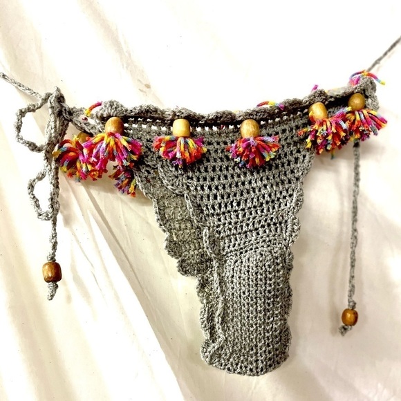 GRAY BIKINI AND SWIM COVER SET WITH MULTI COLORED TASSELS - Picture 12 of 17